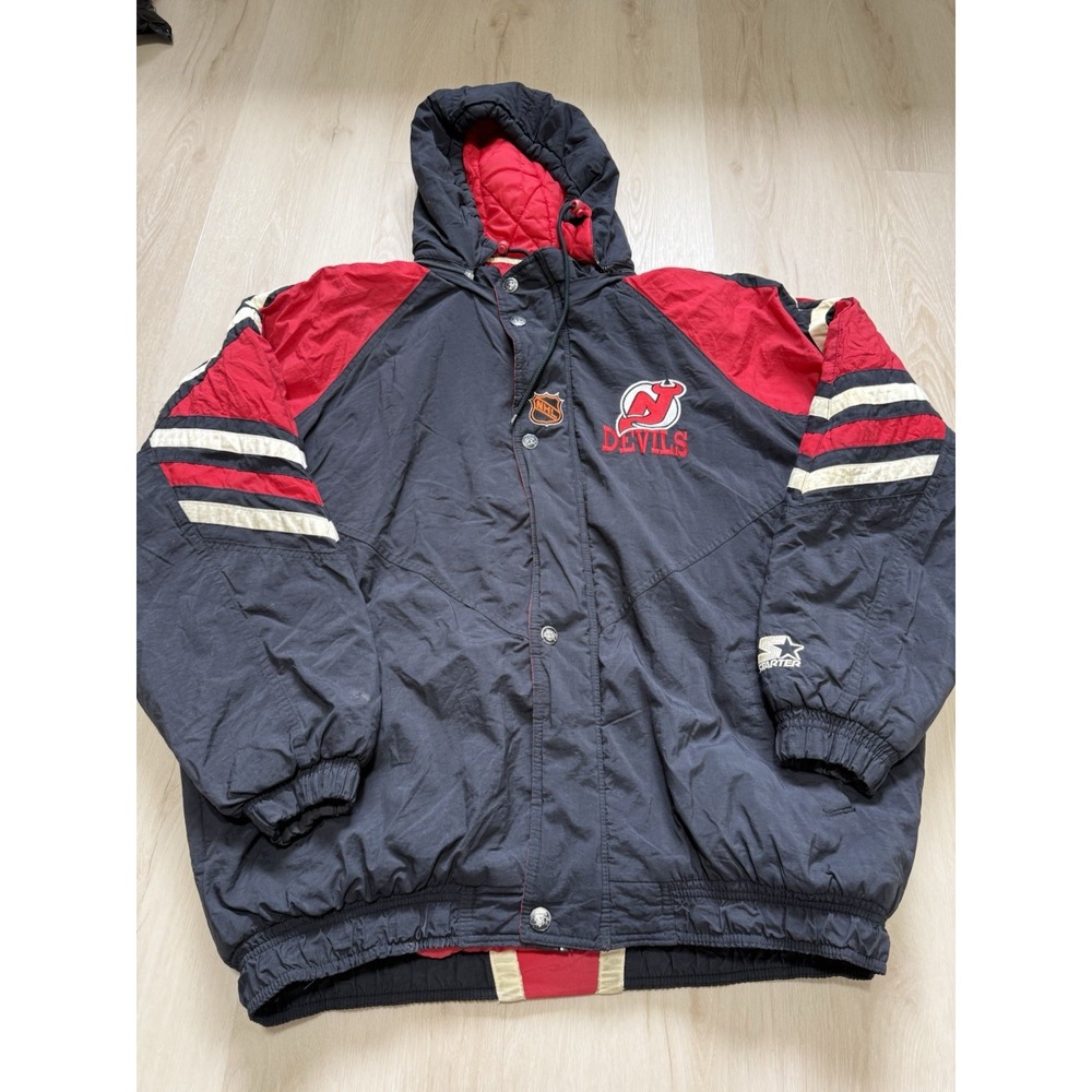 Vintage New Jersey Devils Hooded Jacket Mens XL Starter Full Zip 90's Hockey NHL